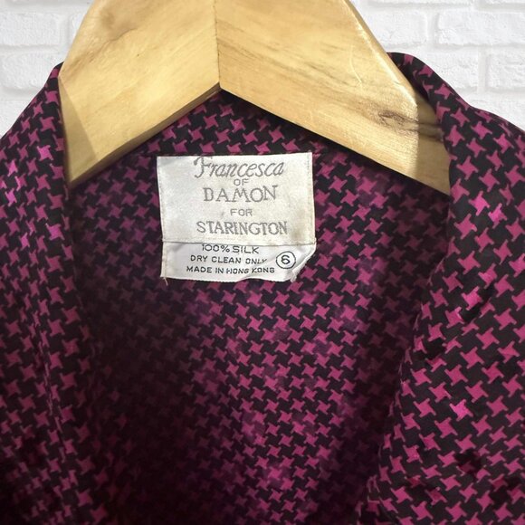 Vintage 80s Francesca of Damon for Starington 100% Silk Blouse Magenta & Blk Sz6 - Picture 2 of 9